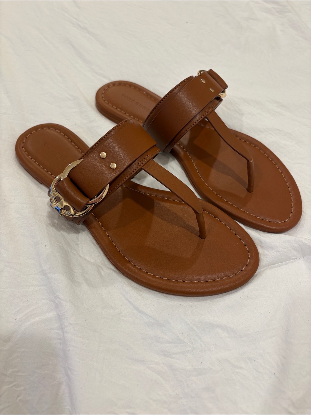 Tory Burch Cognac Leather Thong Sandals with Gold Accent